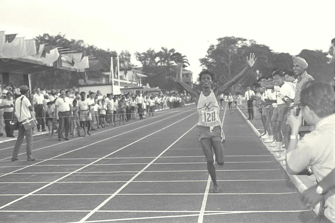 A bare-footed P.C. Suppiah, pictured in the Singapore Amateur Athletic Association Open Championships' 10,000m race at Farrer Park Stadium, also competed shoe-less at the 1972 Olympics.