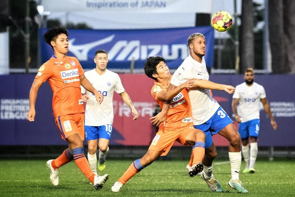 Shodai Yokoyama from Albirex Niigata (second from right) tussling with  Richairo Zivkovic from Lion City Sailors ( right) during the Singapore Premier League match on July 16, 2023. Both teams will renew hostilities in 2024. 