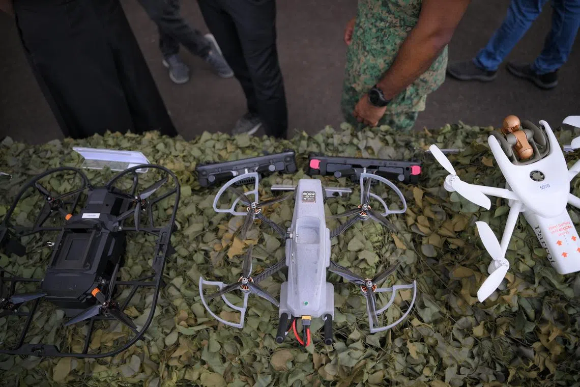 Some examples of drones that can be used for Sense and Strike operations by the 6th Singapore Division/Headquarters Sense and Strike on display at Mandai Hill Camp on April 9.