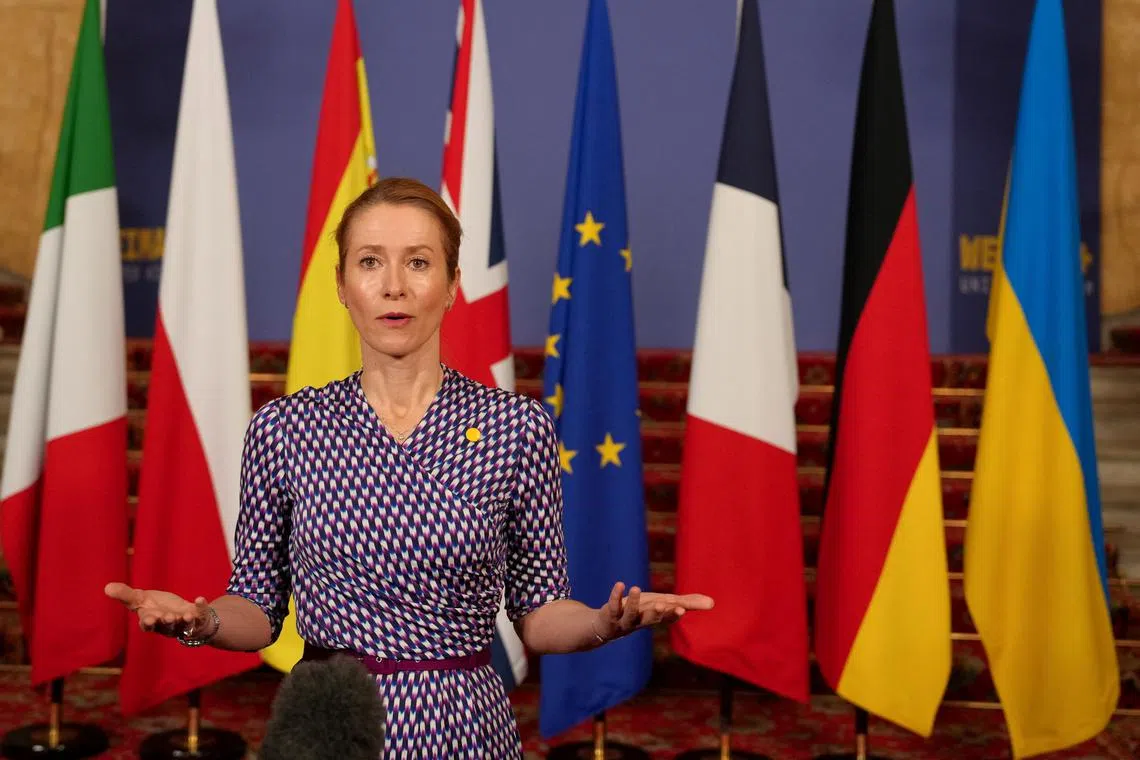 European Union High Representative for Foreign Affairs and Security Policy Kaja Kallas speaks to the media as she arrives for talks on Ukraine and the future of European security hosted by Britain's Foreign Secretary David Lammy at Lancaster House in London, Britain, May 12, 2025. REUTERS/Carlos Jasso/Pool/File Photo