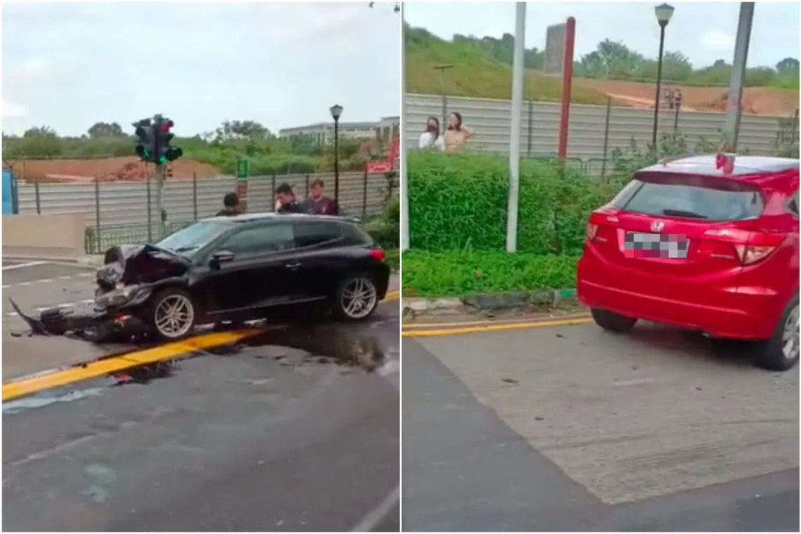 The aftermath of the accident showed a black car whose front was severely damaged and a red car in front of it. 