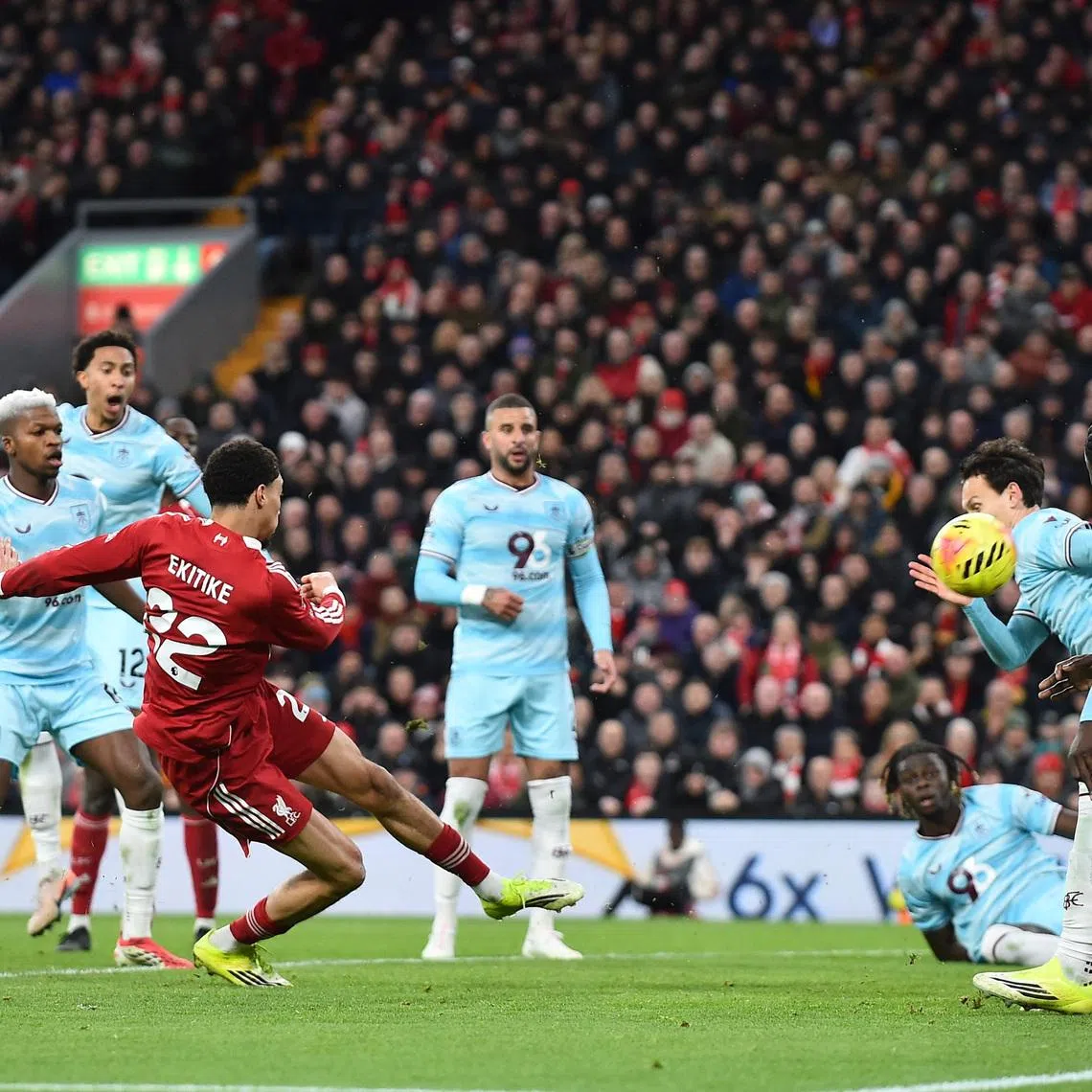Soccer Football - Premier League - Liverpool v Burnley - Anfield, Liverpool, Britain - January 17, 2026 Liverpool's Hugo Ekitike scores a goal that is later disallowed REUTERS/Peter Powell