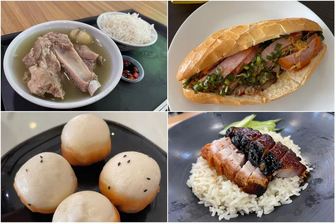(Clockwise from top left) Pork rib soup at Rong Cheng Rou Gu Cha, Banh Mi Saigon's "special great", char siew and roast pork rice at Char Siu Lang and Shanghai Renjia’s sheng jian bao.