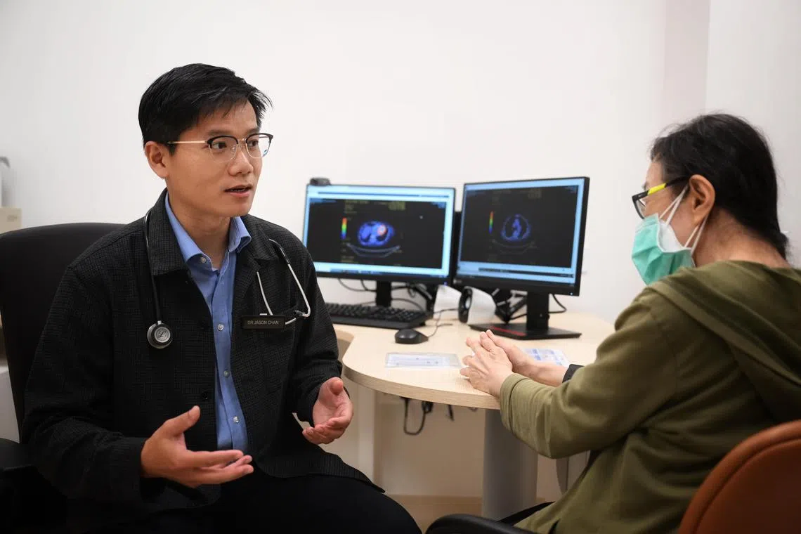 Dr Jason Chan (left)  speaking with Madam Ang Swee Teen, a 69-year-old patient with diffuse large B-cell lymphoma whose cancer has relapsed six times over the past 15, during a consultation on April 23, 2024


********


The National Cancer Centre Singapore  is announcing important findings from the largest study on clinical outcomes of diffuse large B-cell lymphoma in Singapore to date.