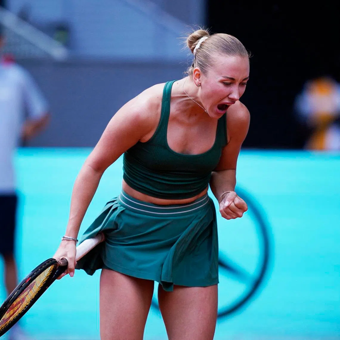 Tennis - Madrid Open - Park Manzanares, Madrid, Spain - April 29, 2026 Austria's Anastasia Potapova reacts during her quarter final match against Czech Republic's Karolina Pliskova REUTERS/Ana Beltran