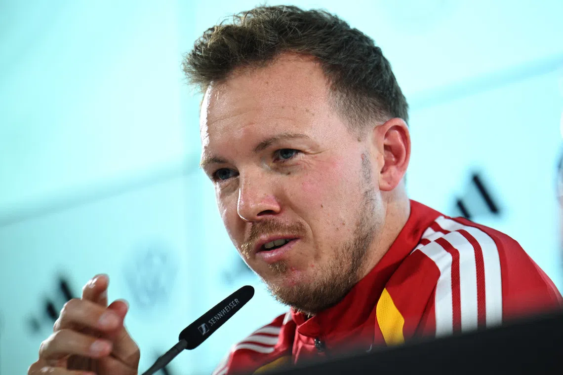 Soccer Football - FIFA World Cup - UEFA Qualifiers - Germany Press Conference - AOK Stadion, Wolfsburg, Germany - November 10, 2025 Germany coach Julian Nagelsmann during the press conference REUTERS/Annegret Hilse