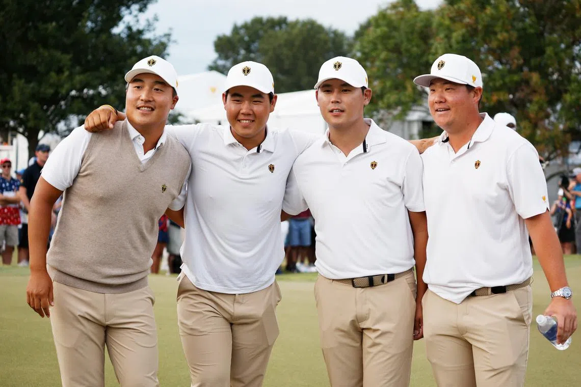 South Korean golfers K.H. Lee (from left), Tom Kim, Kim Si-woo and Im Sung-jae  from the International Team posing for a photo at the 2022 Presidents Cup in Charlotte, North Carolina in September.
