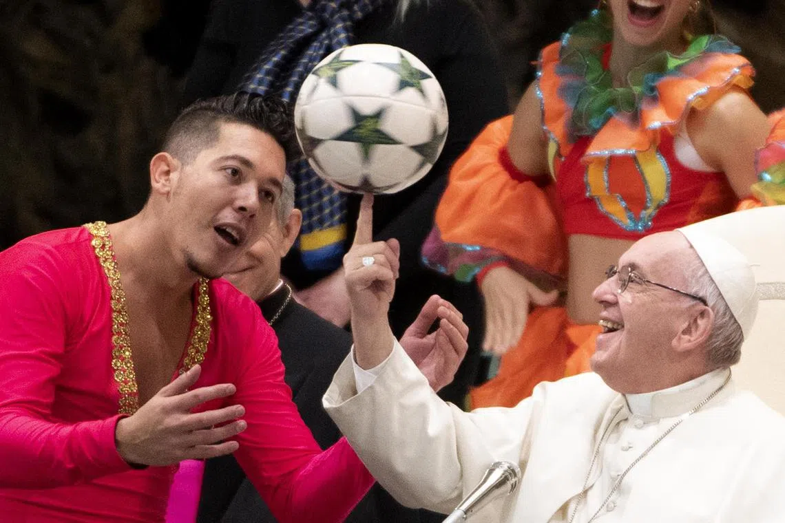 Pope Francis with the artists of the Circo of Cuba, during his weekly general audience in the Paolo VI hall, at the Vatican, on Jan 2, 2019.