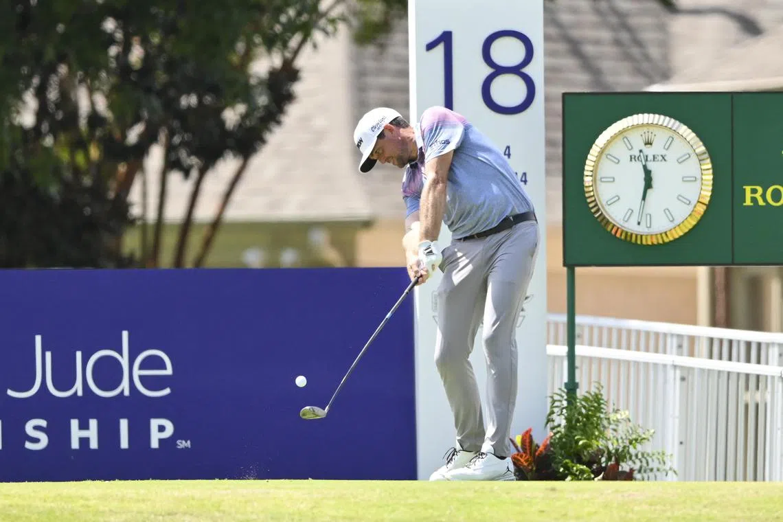 Keegan Bradley  plays his shot from the 18th tee during the final round of the St. Jude Championship.