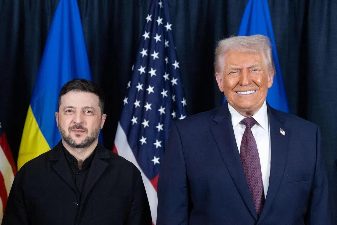 Ukrainian President Volodymyr Zelensky (left) and US President Donald Trump posing for a photo during their meeting on the sidelines of the World Economic Forum in Davos.