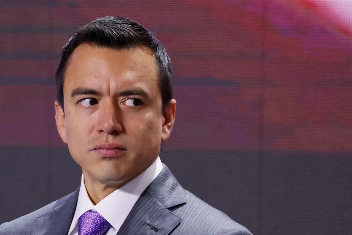 FILE PHOTO: Ecuador's President Daniel Noboa attends an inauguration ceremony for a referendum that asks voters to support mostly security-related questions to fight rising violence, in Quito, Ecuador April 21, 2024. REUTERS/Karen Toro/File Photo