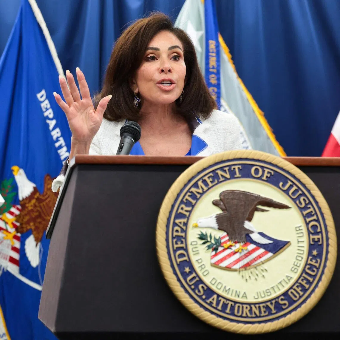 WASHINGTON, DC - JULY 02: U.S. Attorney for the District of Columbia Jeanine Pirro speaks during a press conference at the U.S. Attorney's Office for the District of Columbia on July 02, 2026 in Washington, DC. Pirro announced that former Olympic canoeist David Hearn has been indicted by a grand jury on charges related to alleged vandalism of the Lincoln Memorial Reflecting Pool.   Anna Moneymaker/Getty Images/AFP (Photo by Anna Moneymaker / GETTY IMAGES NORTH AMERICA / Getty Images via AFP)
