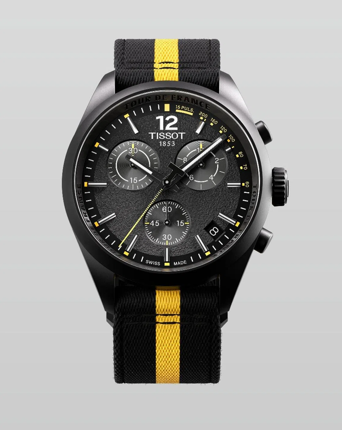 Tissot’s PR 100 Tour de France 2026 Special Edition is housed in a 40mm sandblasted black PVD case with a Tour de France engraved bezel.