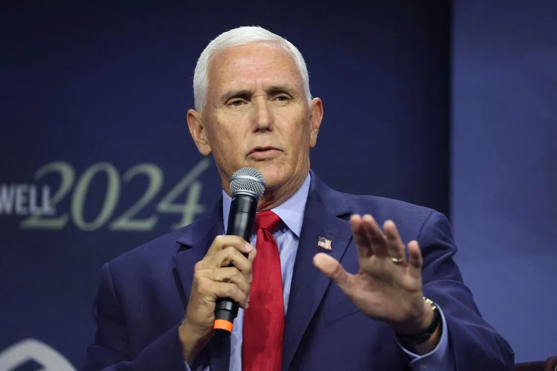 Former US vice-president and presidential hopeful Mike Pence is interviewed at the Family Leadership Summit in Des Moines, Iowa.