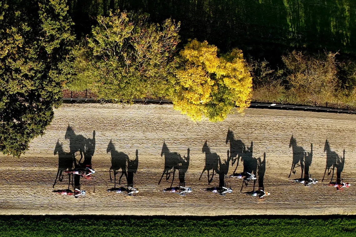 A drone view showing jockeys and horses competing during Harness Racing in York, Britain on Oct 11, 2025. 