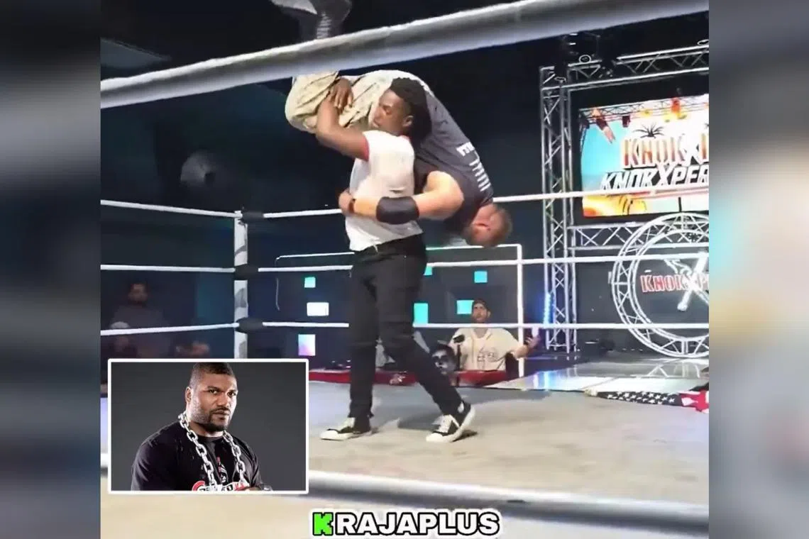 Mr Raja Jackson, 25, can be seen lifting wrestler Mr Stuart Smith above his head, slamming him onto the mat and punching him at least 20 times.