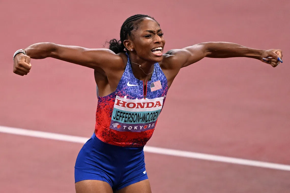 World Athletics Championships Tokyo 2025 - Women's 100m Final - Japan National Stadium, Tokyo, Japan - September 14, 2025  Melissa Jefferson-Wooden of the U.S. celebrates after winning the women's 100m Final REUTERS/Dylan Martinez