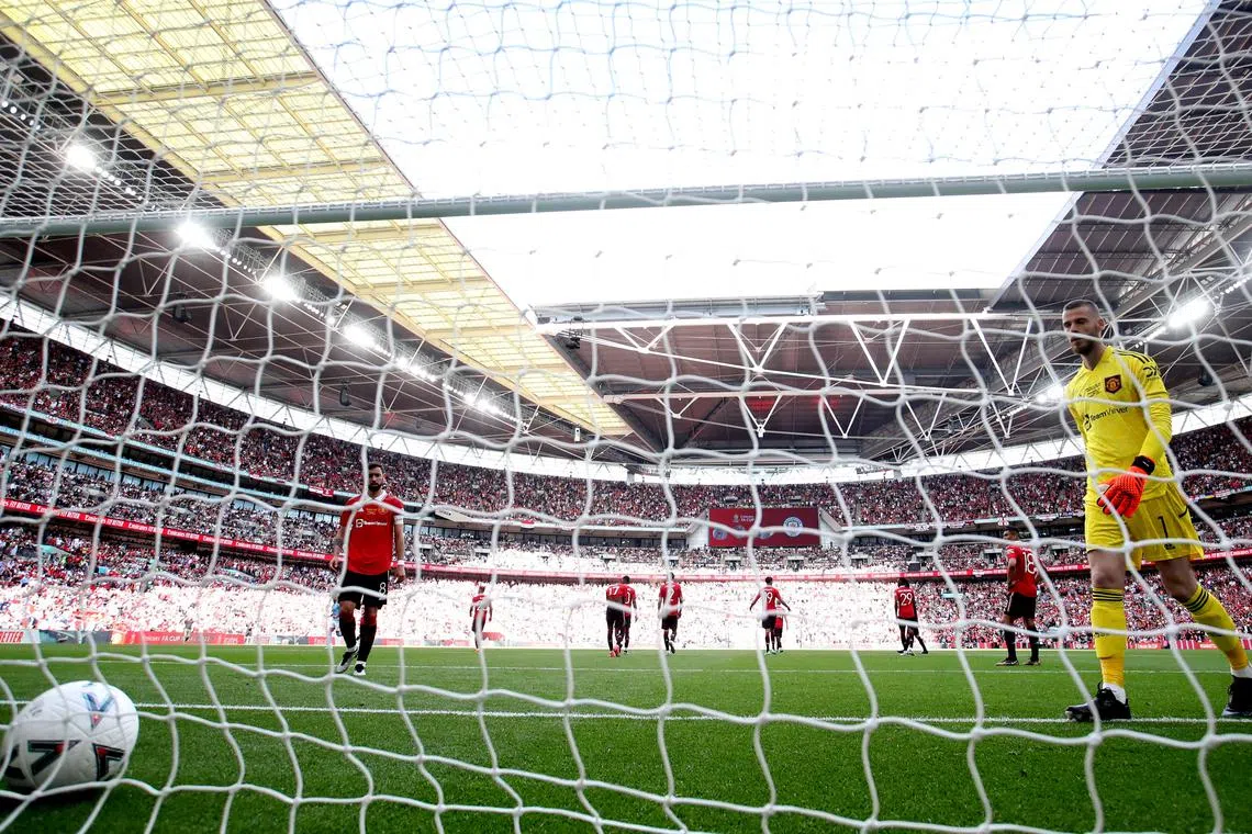 Manchester United's David de Gea looking dejected after Manchester City's Ilkay Gundogan scores their second goal during the FA Cup final in June.