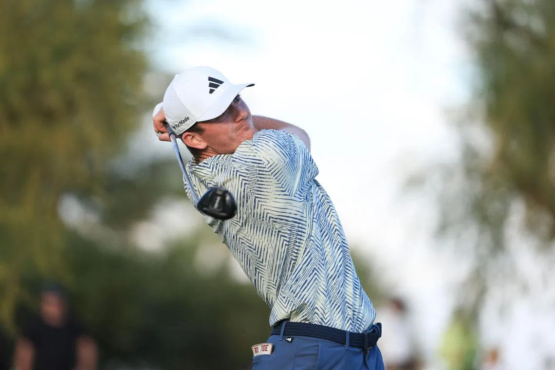 Nick Dunlap hitting a tee shot on the 18th hole during the final round of The American Express in La Quinta, California.   