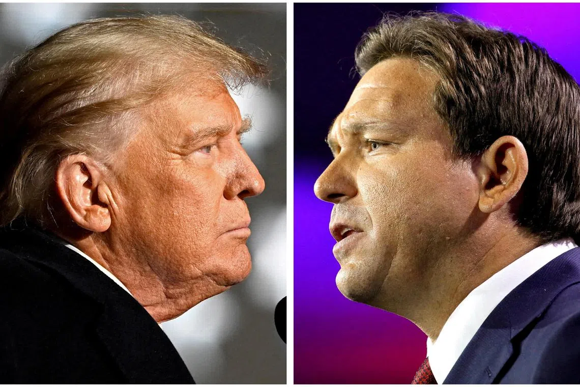 FILE PHOTO: Former U.S. President Donald Trump and Florida Governor Ron DeSantis speak at midterm election rallies, in Dayton, Ohio, U.S. November 7, 2022 and Tampa, Florida, U.S., November 8, 2022 in a combination of file photos.  REUTERS/Gaelen Morse, Marco Bello/File Photo