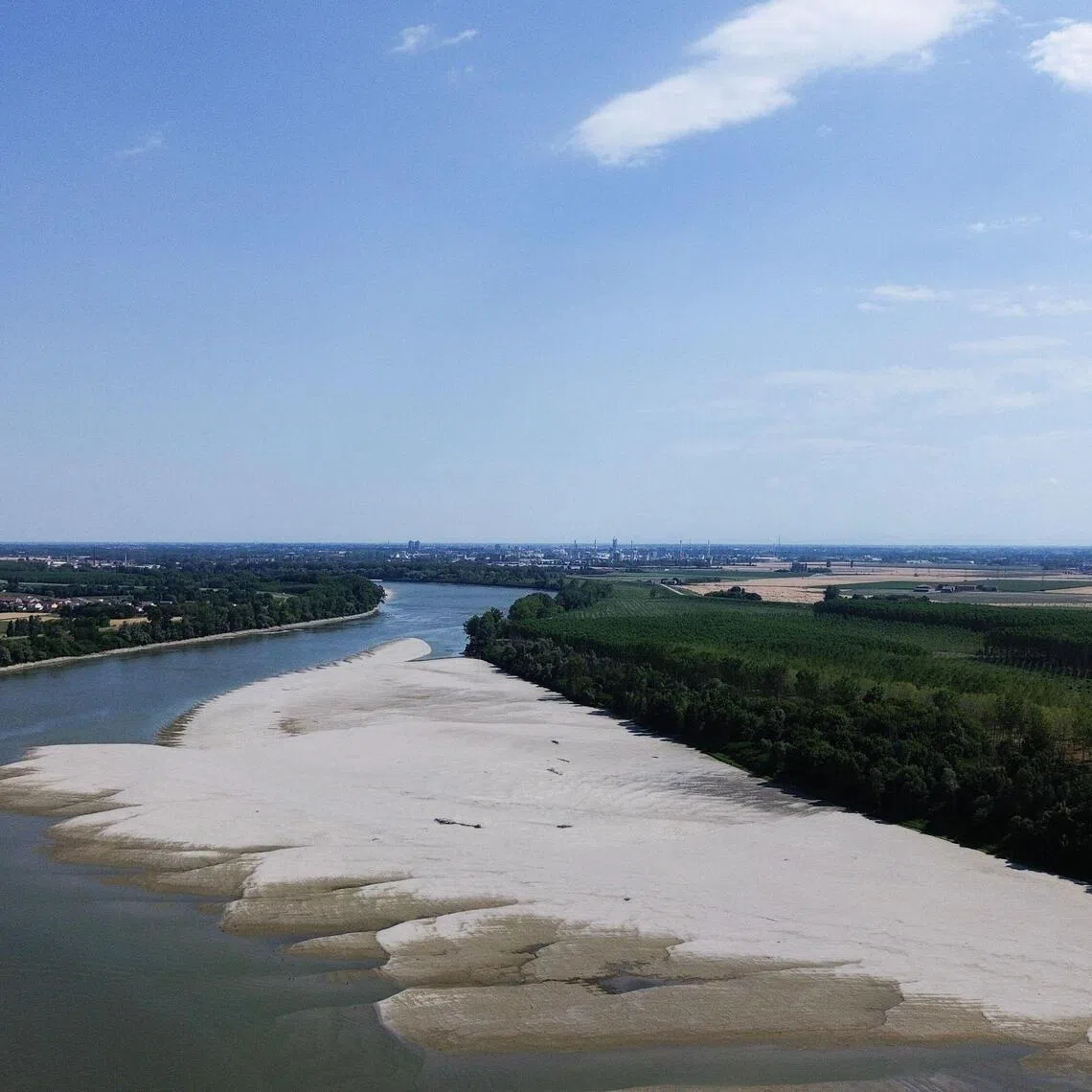 This aerial photograph shows a sandbar on the Po River in Pontelagoscuro, eastern Italy, on June 25.