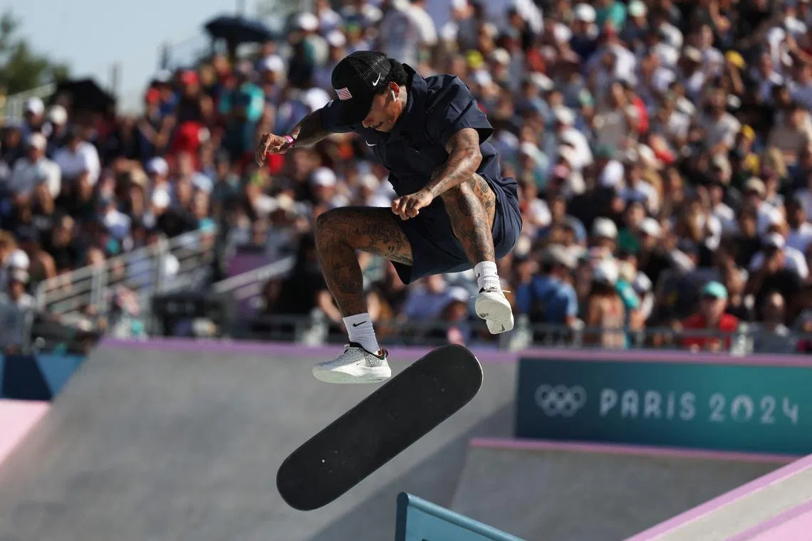 FILE PHOTO: Paris 2024 Olympics - Skateboarding - Men's Street Final - La Concorde 3, Paris, France - July 29, 2024. Nyjah Huston of United States in action during the final. REUTERS/Pilar Olivares/File Photo