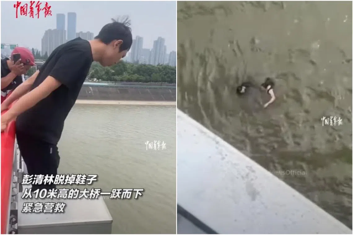 In a viral video on Chinese social media, Mr Peng Qinglin is seen holding on to the railing of Xixing Bridge before taking a plunge into the water.