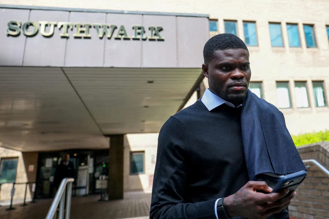FILE PHOTO: Ghana national team and Villarreal midfielder Thomas Partey, who is facing two additional counts of rape and has pleaded not guilty to five counts of rape and one count of sexual assault, leaves the Southwark Crown Court in London, Britain, April 13, 2026. REUTERS/Hannah McKay