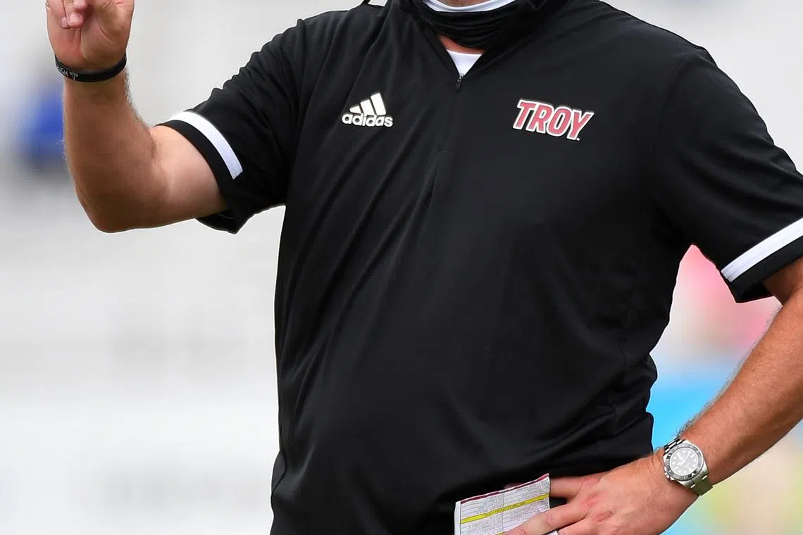 FILE PHOTO: Sep 19, 2020; Murfreesboro, Tennessee, USA; Troy Trojans head coach Chip Lindsey during the first half against the Middle Tennessee Blue Raiders at Floyd Stadium.  Mandatory Credit: Christopher Hanewinckel-USA TODAY Sports/File Photo