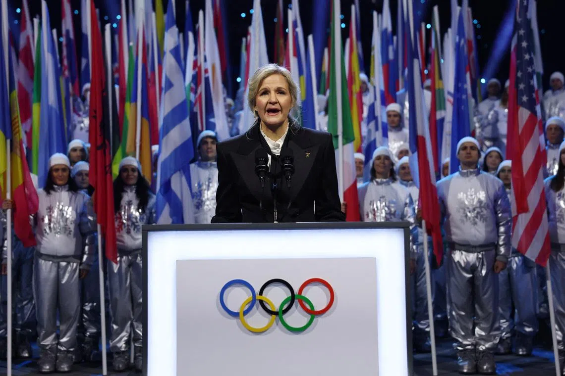 Milano Cortina 2026 Olympics - Opening Ceremony - San Siro Stadium, Milan, Italy - February 06, 2026. IOC President Kirsty Coventry gives a speech during the opening ceremony REUTERS/Yves Herman/Pool