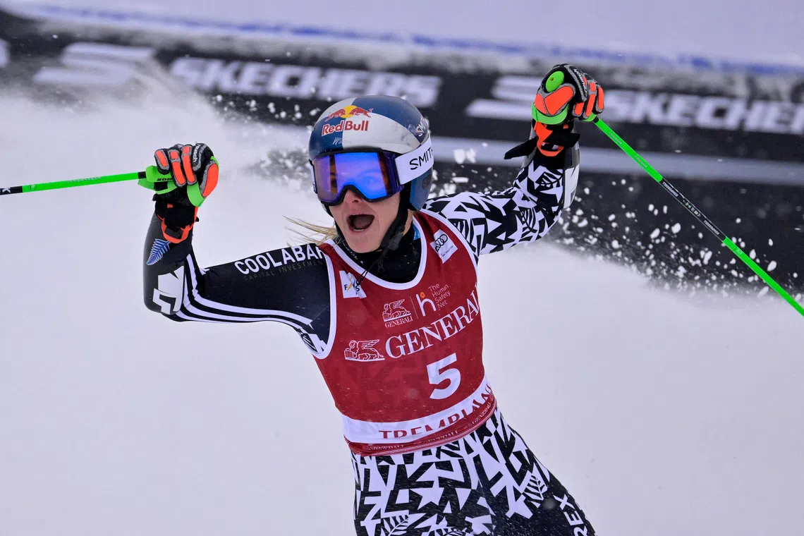 Dec 6, 2025; Mont-Tremblant, Quebec, CANADA; Alice Robinson of New Zealand reacts after placing winning the PwC Tremblant alpine skiing World Cup at Mont-Tremblant Ski Resort. Mandatory Credit: Eric Bolte-Imagn Images