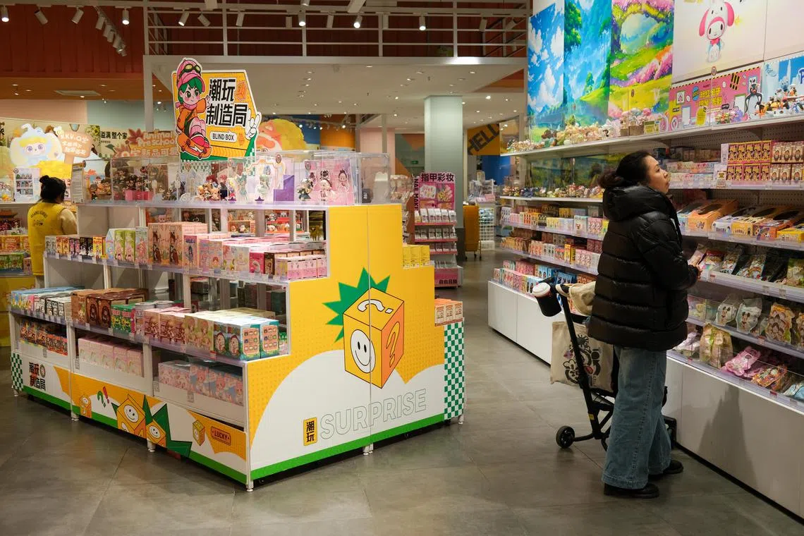 awgoods - Young Chinese are turning to “gu zi”, or toys, for comfort and distraction amid an economic slowdown that has cast a pall over job security and earning prospects. These are merchandise based on characters in animation films, cartoons and games, including blind boxes, acrylic figurines and soft toys. “Gu zi” is a homophone of the English word “goods”. China’s “gu zi” industry is expected to hit a market value of 110.1 billion yuan (S$xxx) by 2026, almost doubling from the 60 billion yuan recorded in 2023, showed statistics from a report earlier this year by the Chinese Academy of Social Sciences, a government think-tank, and China Animation Industry.

ST PHOTO: AW CHENG WEI