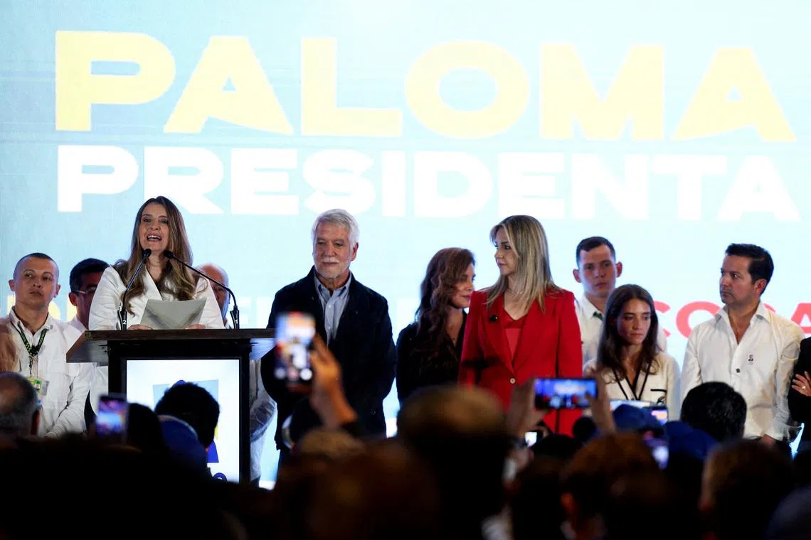 Democratic Center party presidential candidate Paloma Valencia, speaks after winning the right-wing primary, in the congressional elections and party primaries for presidential candidate, in Bogota, Colombia March 8, 2026. REUTERS/Luisa Gonzalez