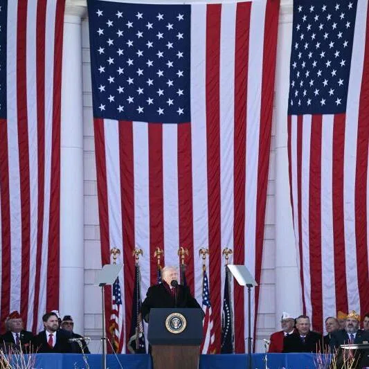 US President Trump at a ceremony honoring veterans in November, at a time when US national security is focused on America First rather than "propping up the entire world order'.