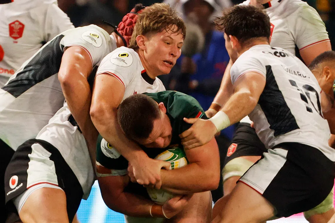 Rugby Union - Nations Championship - South Africa v Wales - Kings Park Stadium, Durban, South Africa - July 18, 2026 South Africa's Paul de Villiers in action with Wales' Josh Adams and Dan Edwards REUTERS/Rogan Ward