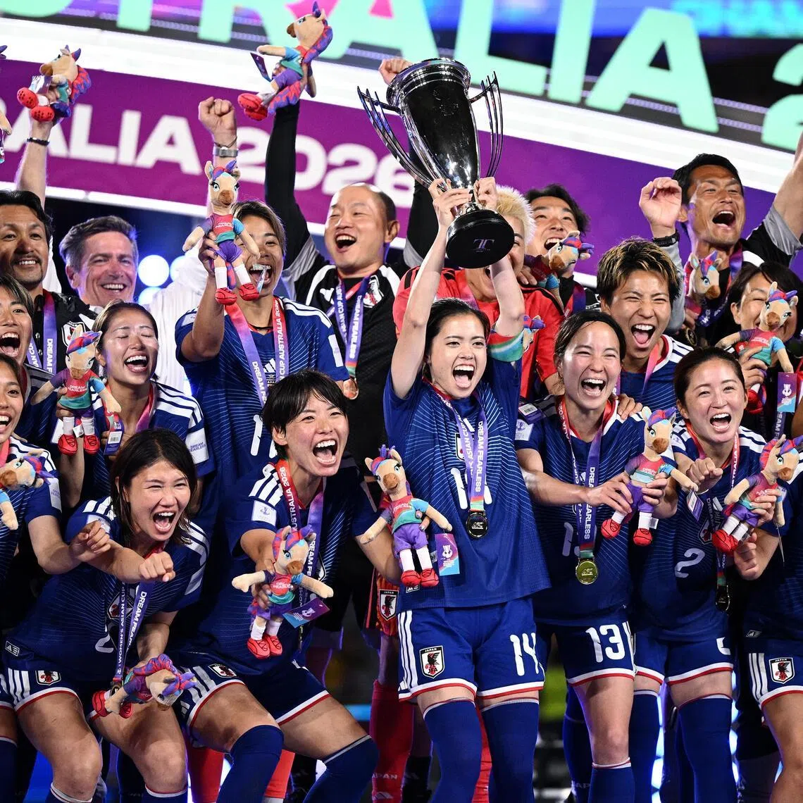 Yui Hasegawa lifting the trophy as Japan celebrate winning the Women’s Asian Cup after beating hosts Australia 1-0 in the final at Stadium Australia in Sydney on March 21, 2026.