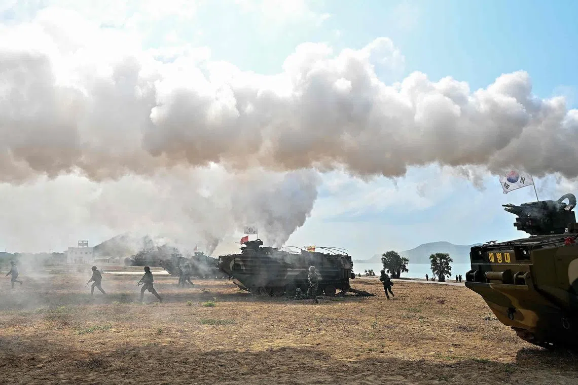 South Korean marines take part in the amphibious exercise as part of the multi-nation Cobra Gold military exercises in the coastal Thai province of Chonburi on March 1.