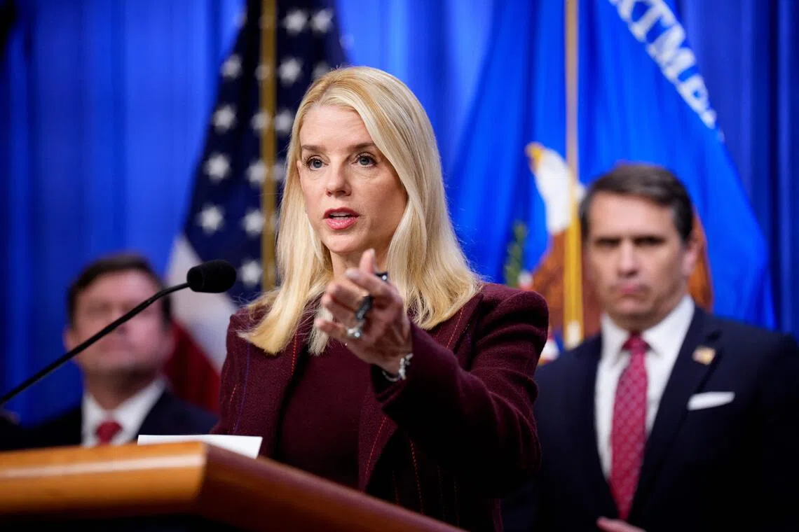 US Attorney-General Pam Bondi speaking  during a news conference at the Justice Department, on Nov 19.