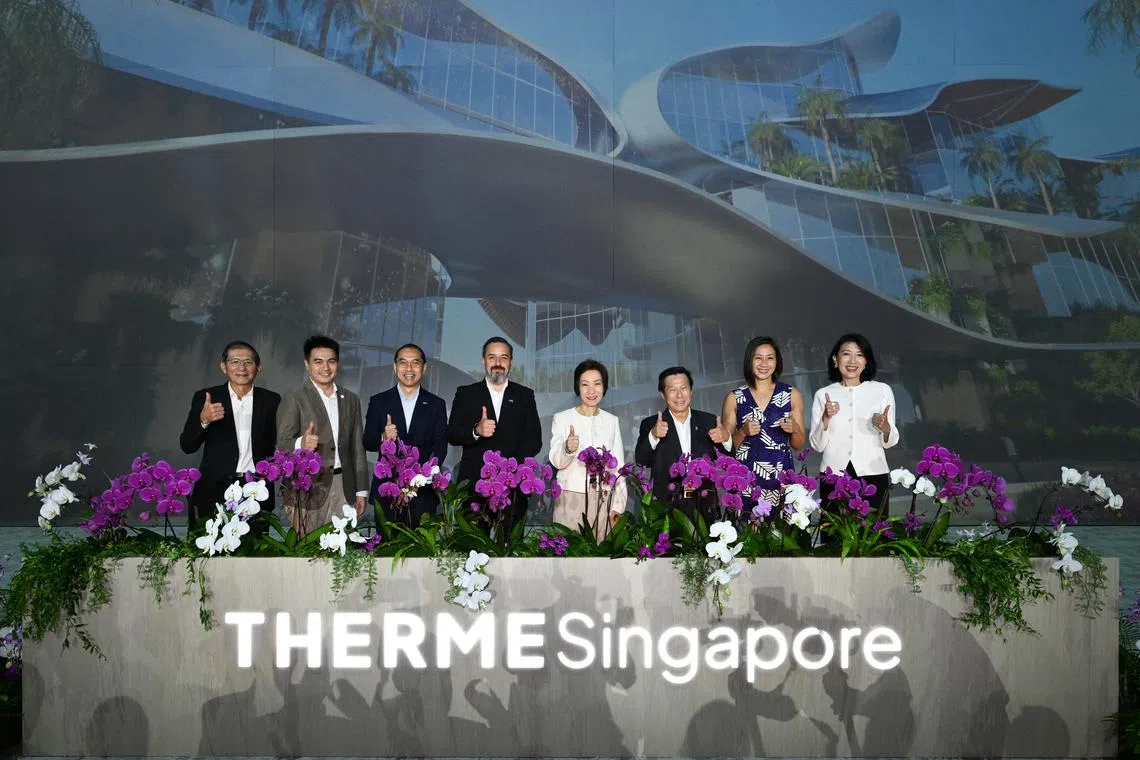 (From left) Kajima Overseas Asia Singapore managing director Lim Chong Lai, EDB senior vice-president global enterprises Marcus Dass, Therme Singapore CEO Tan Boon Khai, Therme Group CEO and founder Robert Hanea, Minister for Sustainability and the Environment Grace Fu, Therme Group Asia chairman Mah Bow Tan, Singapore Tourism Board assistant chief executive Jean Ng and DP Architects executive chairman Angelene Chan at the groundbreaking ceremony of Therme Singapore on June 19.
