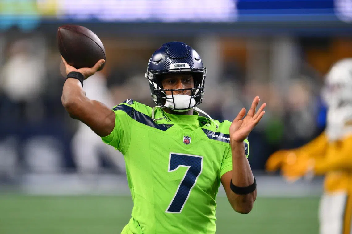 Dec 15, 2024; Seattle, Washington, USA; Seattle Seahawks quarterback Geno Smith (7) throws the ball during warmups before the game against the Green Bay Packers at Lumen Field. Mandatory Credit: Steven Bisig-Imagn Images/ File Photo