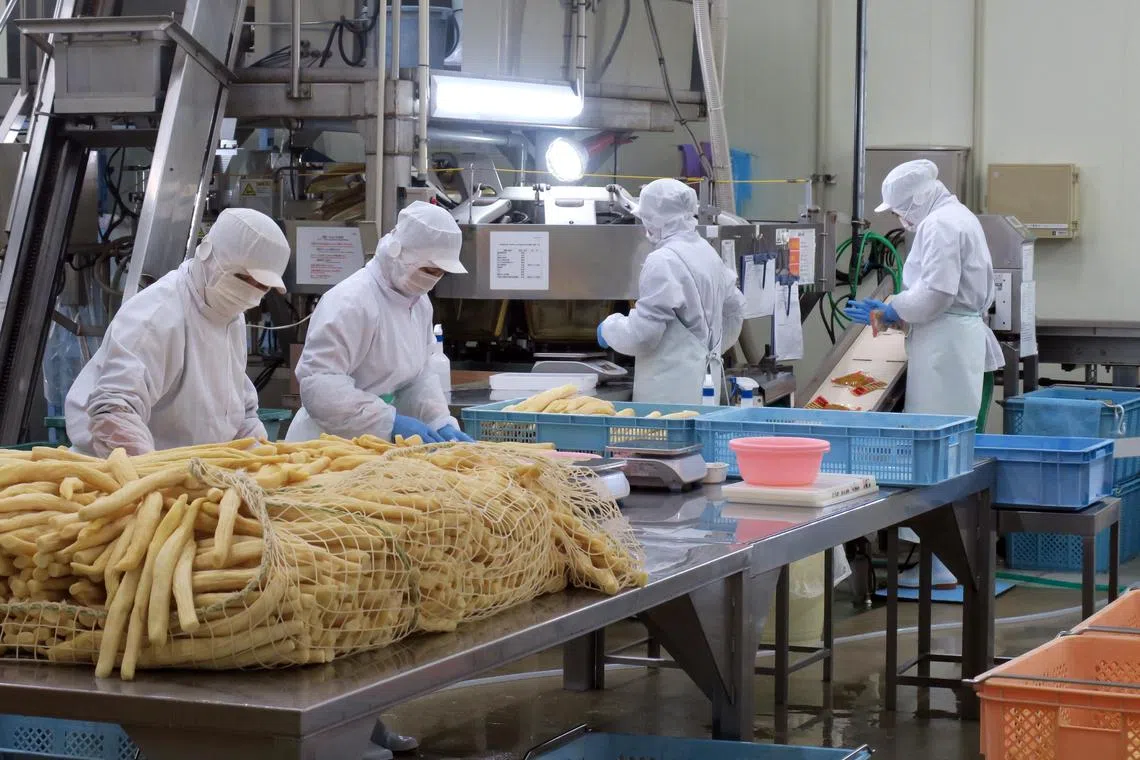 Workers at Michimoto Foods, a pickled daikon radish manufacturer based in Miyazaki prefecture.