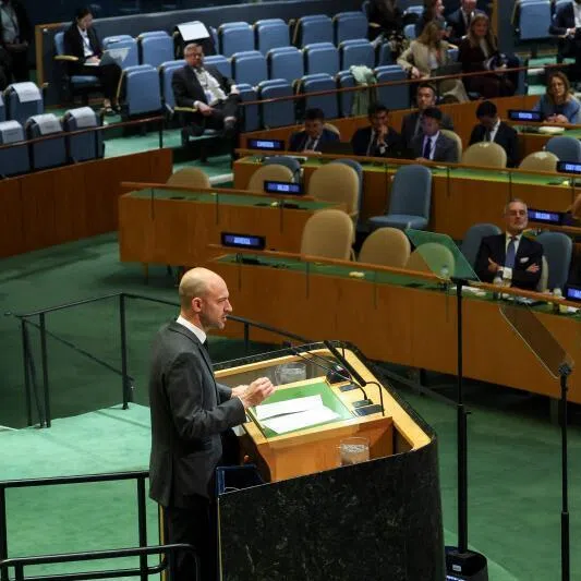 France's Foreign Affairs Minister Jean-Noel Barrot speaks during the 11th Review Conference of the Treaty on the Non-Proliferation of Nuclear Weapons (NPT) at the United Nations Headquarters in New York on April 27, 2026. (Photo by ANGELA WEISS / AFP)
