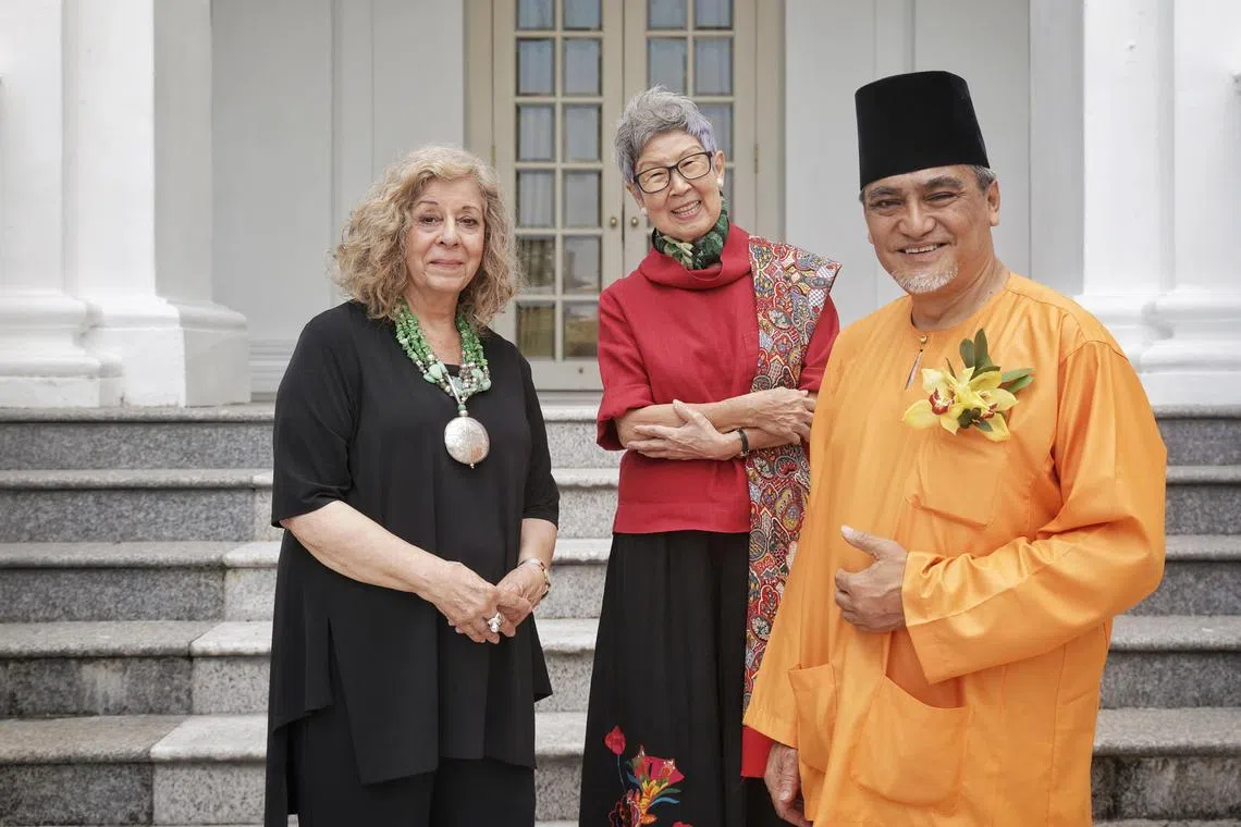 (L-R) 2023 Cultural Medallion recipients Meira Chand, 81-year-old novelist; Suchen Christine Lim, 75-year-old novelist; and Osman Abdul Hamid, 61-year-old Malay dance veteran at the Istana on Dec 5, 2023.