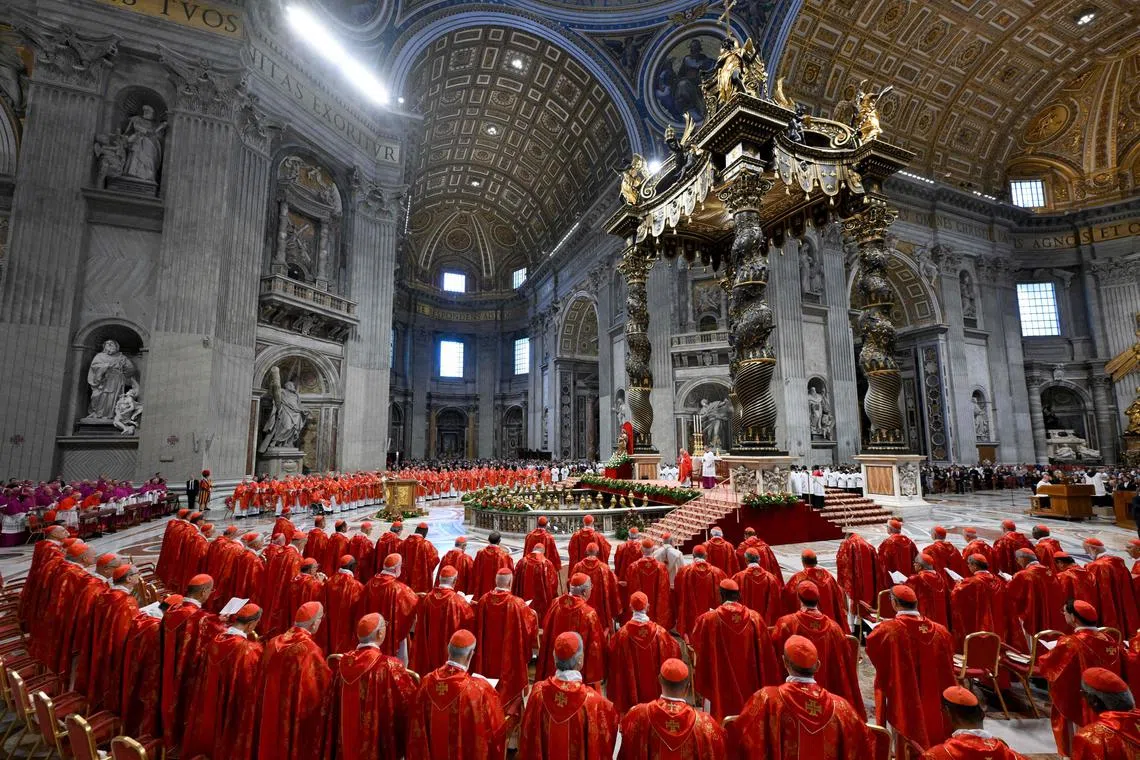 Cardinals during a holy mass for the Election of the Roman Pontiff, prior to the start of the conclave, at St Peter's Basilica in The Vatican. 
