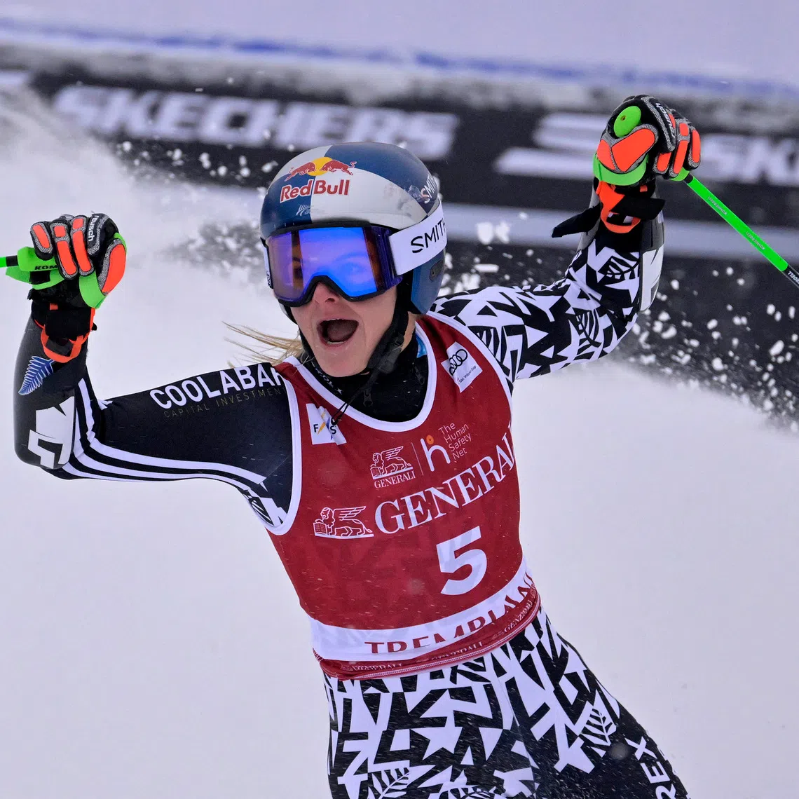 Dec 6, 2025; Mont-Tremblant, Quebec, CANADA; Alice Robinson of New Zealand reacts after placing winning the PwC Tremblant alpine skiing World Cup at Mont-Tremblant Ski Resort. Mandatory Credit: Eric Bolte-Imagn Images