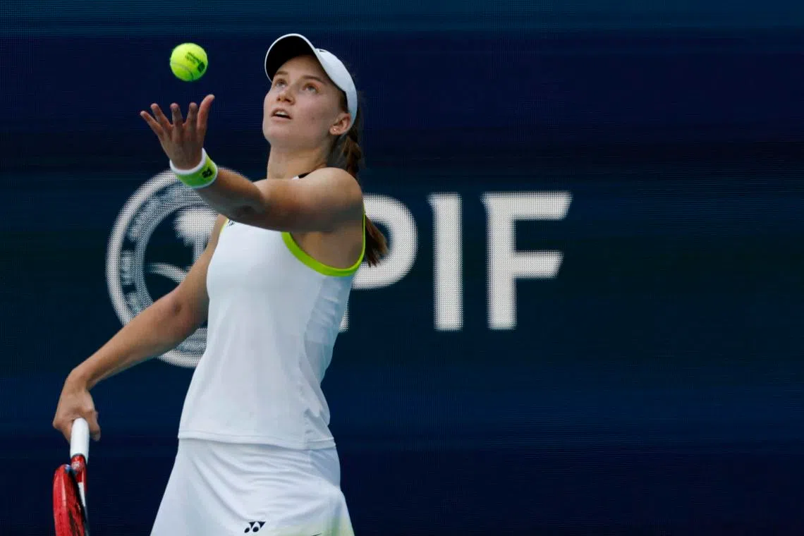Mar 25, 2026; Miami Gardens, FL, USA; Elena Rybakina (KAZ) serves against Jessica Pegula (USA) (not pictured) on day nine of the 2026 Miami Open at Hard Rock Stadium. Mandatory Credit: Geoff Burke-Imagn Images