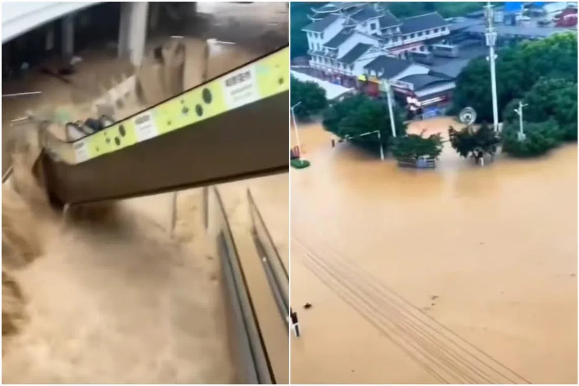In cities such as Rongjiang, flooded streets paralysed local traffic and low-lying areas including underground garages and shopping mall basements were under water. 