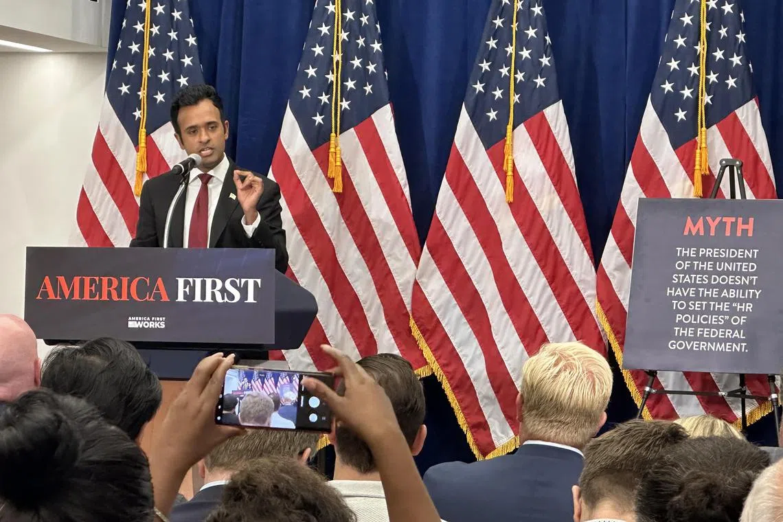 Mr Vivek Ramaswamy, a leading contestant in the race to become the Republican Party presidential candidate, delivers a speech on his domestic policy agenda at the America First Policy Institute in Washington DC on Wednesday, September 13, 2023.