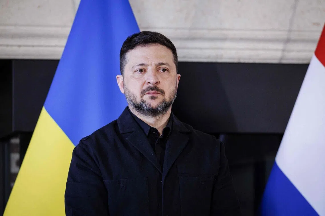 Ukrainian President Volodymyr Zelensky taking part in a press briefing during a visit to the Netherlands on April 16.