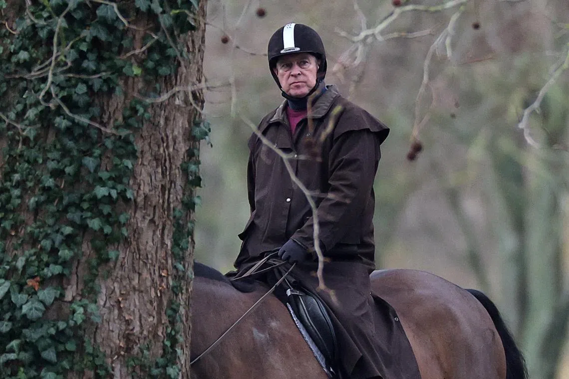 Andrew Mountbatten-Windsor rides a horse in Windsor Great Park, near to Royal Lodge, a property on the estate surrounding Windsor Castle, where Andrew Mountbatten-Windsor, the younger brother of Britain's King Charles, resides, after the U.S. Justice Department has released more records tied to the late financier and convicted sex offender Jeffrey Epstein, in Windsor, Britain, February 2, 2026. REUTERS/Toby Melville